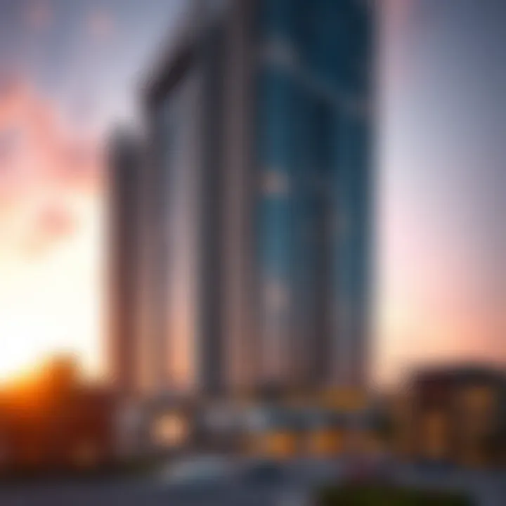 Detailed architectural design of Donna Tower highlighted at sunset