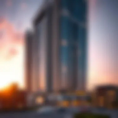 Architectural Design of Donna Tower at Sunset Detailed architectural design of Donna Tower highlighted at sunset