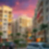 A stunning view of affordable flats in a vibrant Dubai neighborhood