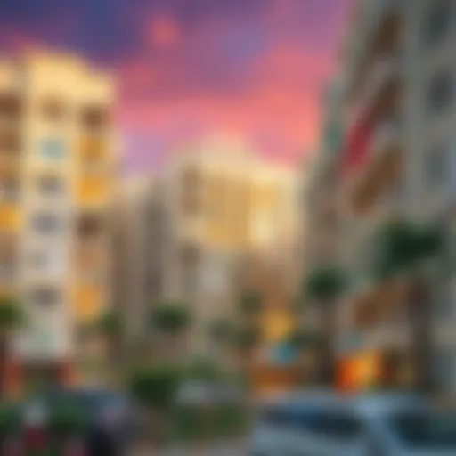 A stunning view of affordable flats in a vibrant Dubai neighborhood