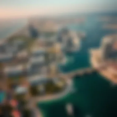 Aerial Harmony of Dubai's Ecosystems Aerial view of Dubai highlighting the integration of creek, beach, and grove