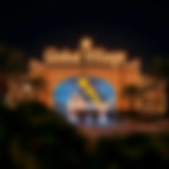 Illuminated entrance to Global Village at night