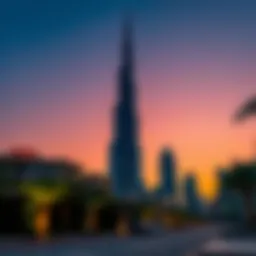 A stunning view of Burj Khalifa against a sunset backdrop